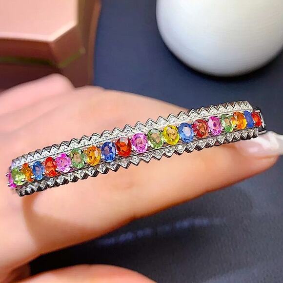 Vintage Natural Multicolor Sapphire Bangle Bracelet - Picture 2 of 5